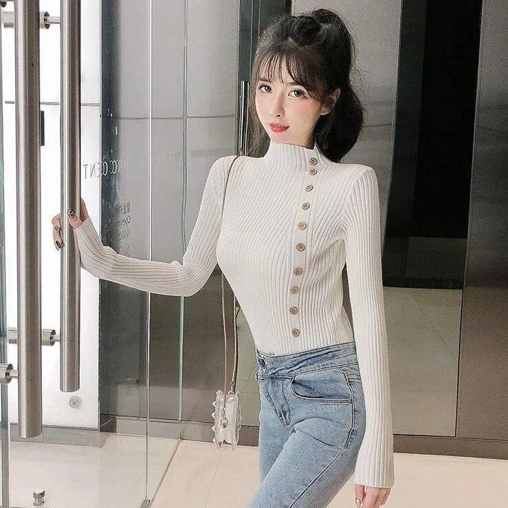 Asymmetric Ribbed Turtleneck Women's Sweater Large Faux Buttons Korean Women's Top Warm Slim Knitwear Long Sleeve Pullovers Jumper