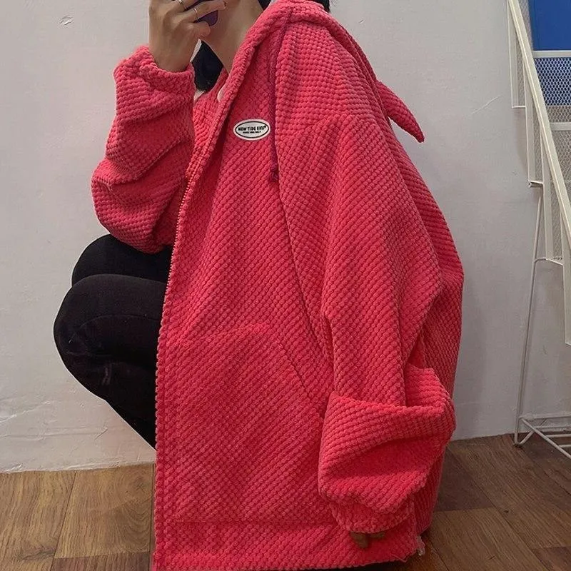 Devil Horn Hooded Popcorn Texture Flannel Jacket: Ideal for the stylish devil