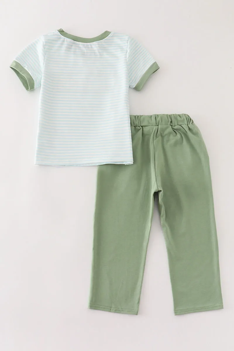 Green pumpkin embroidery stripe boy set