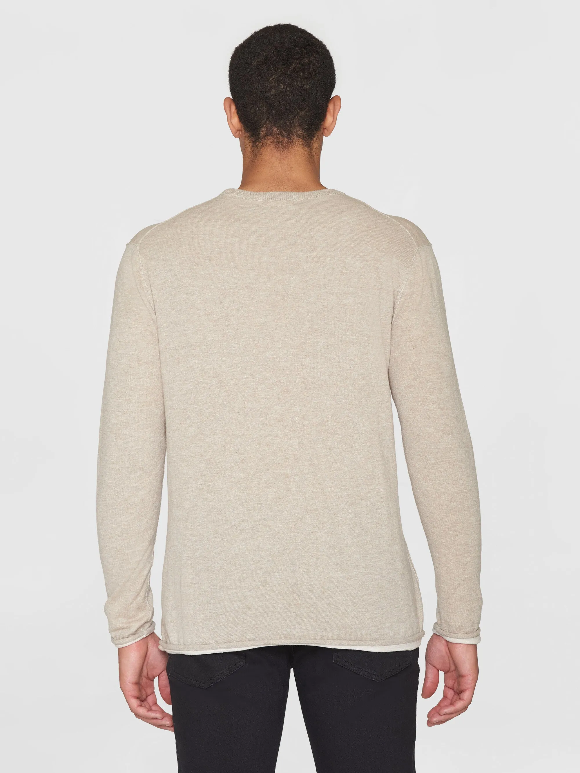 Regular double layer cotton mix rolledge crew neck knit - GOTS - Nature Melange
