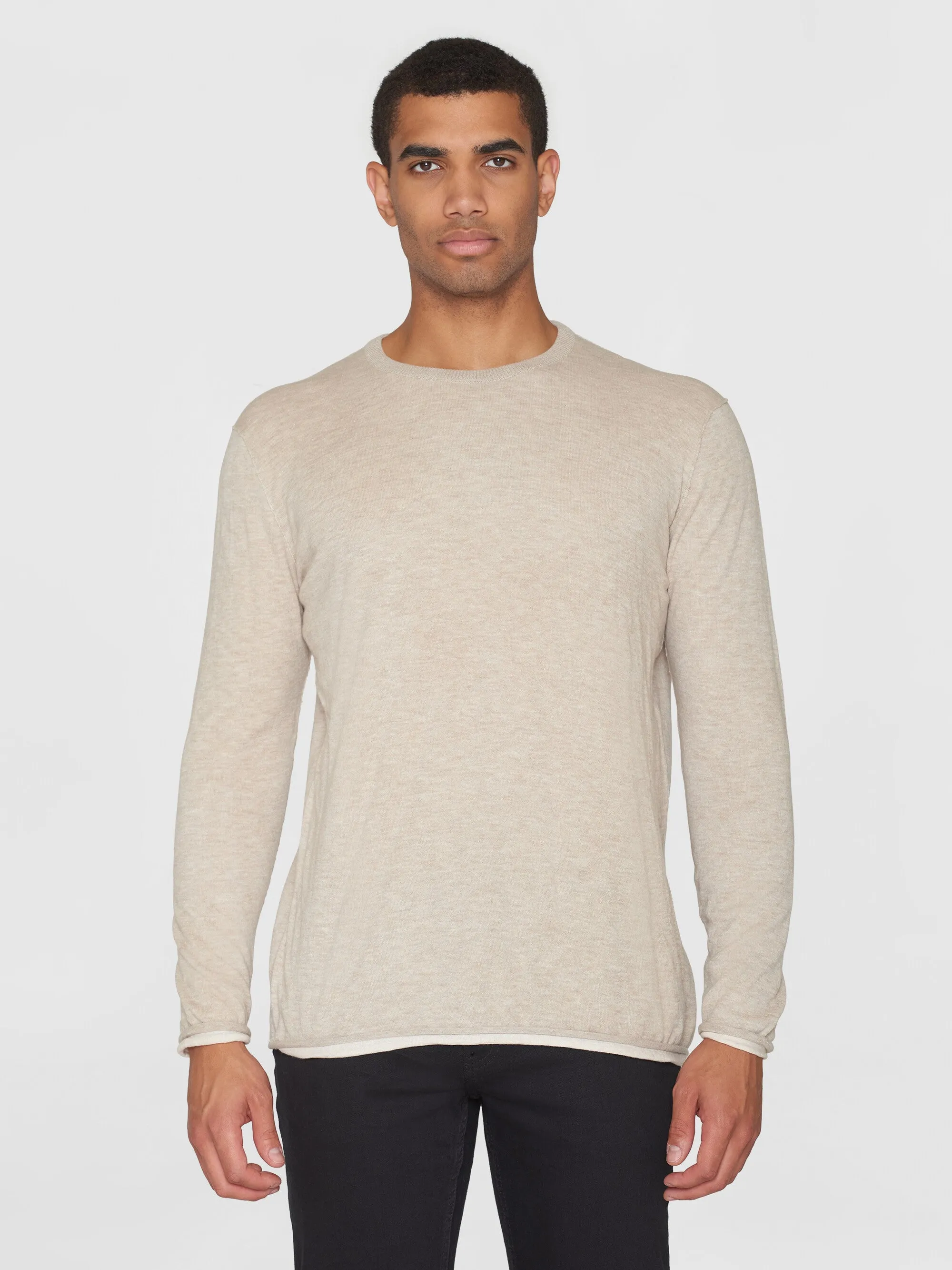 Regular double layer cotton mix rolledge crew neck knit - GOTS - Nature Melange