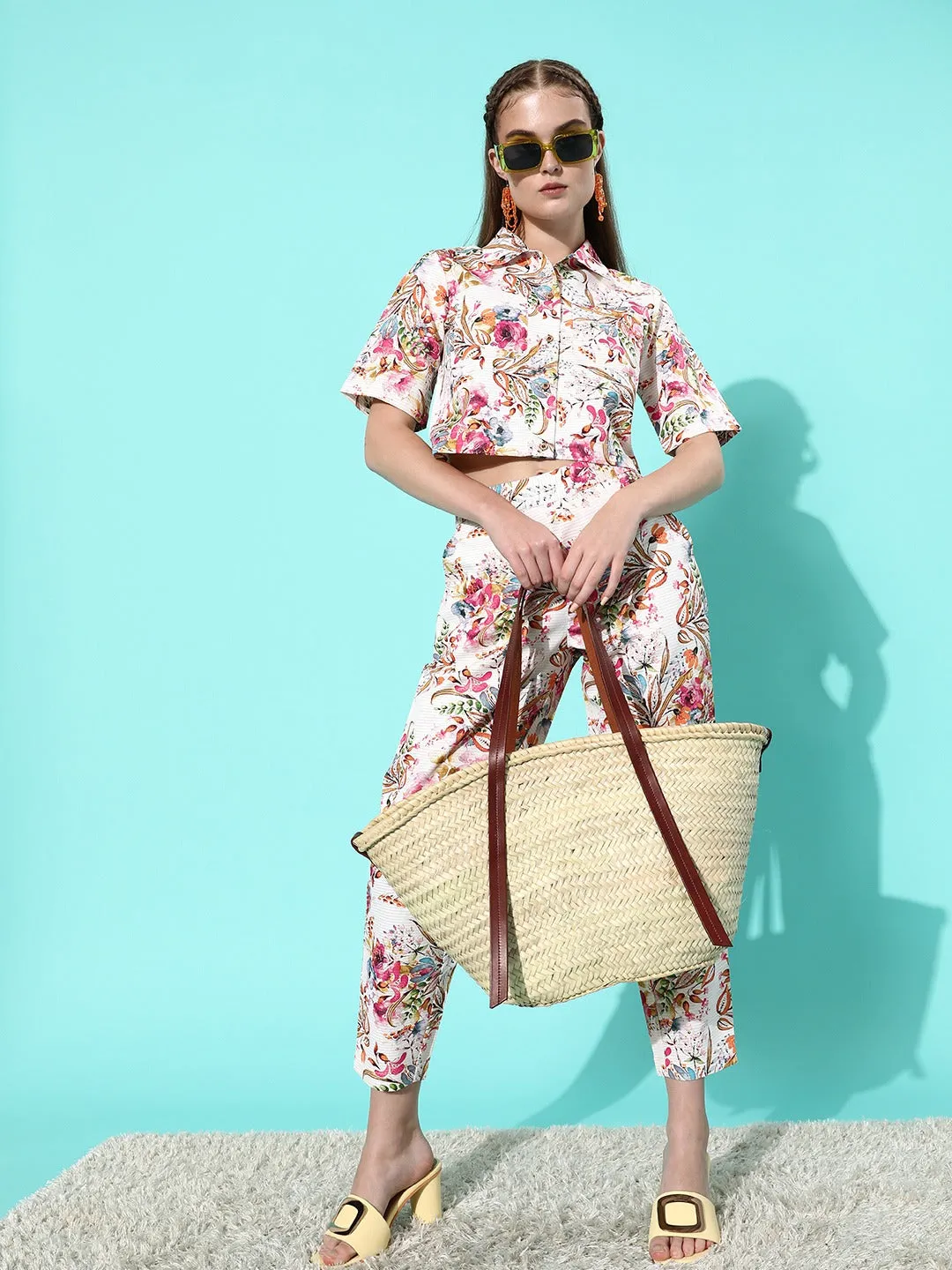 Style Quotient Women White & Pink Floral Print Co-ords Set