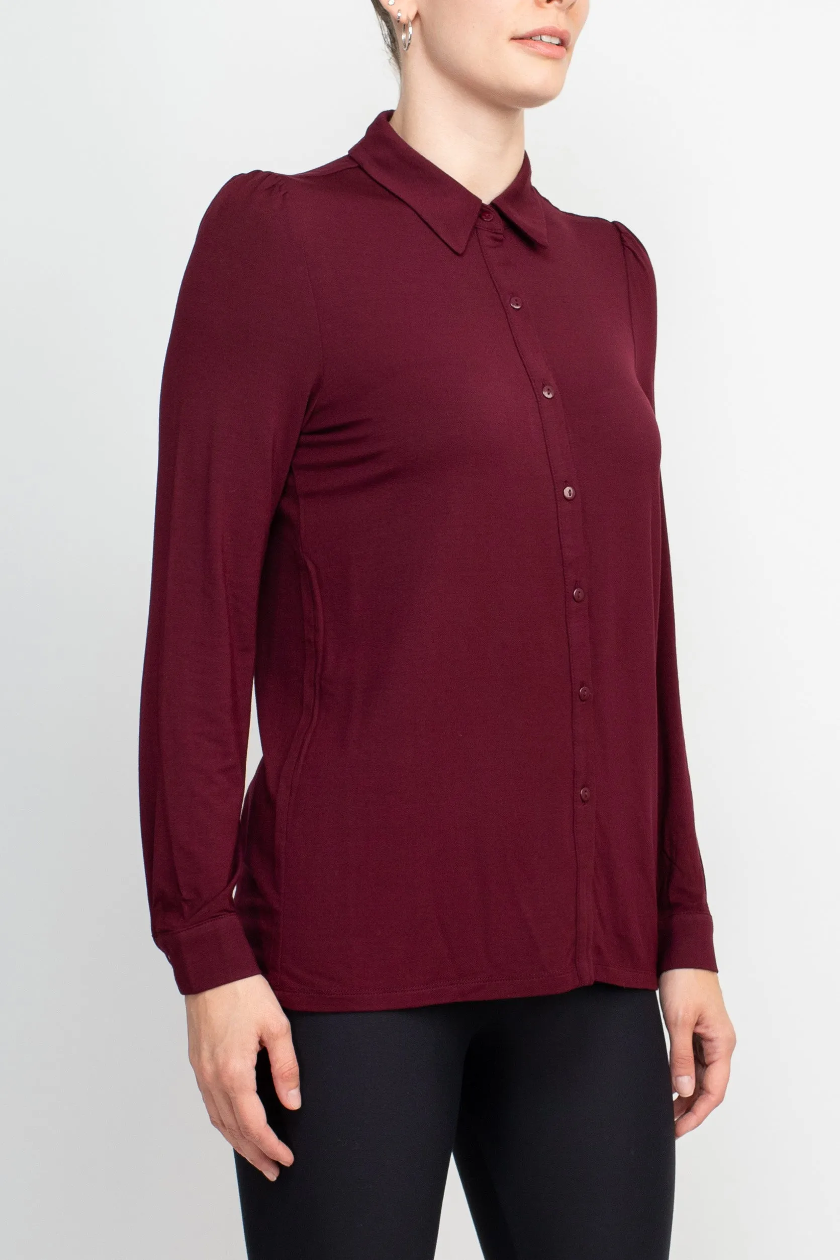 T Tahari Collar Neck Cuff Long Sleeves Button Detail ITY Top